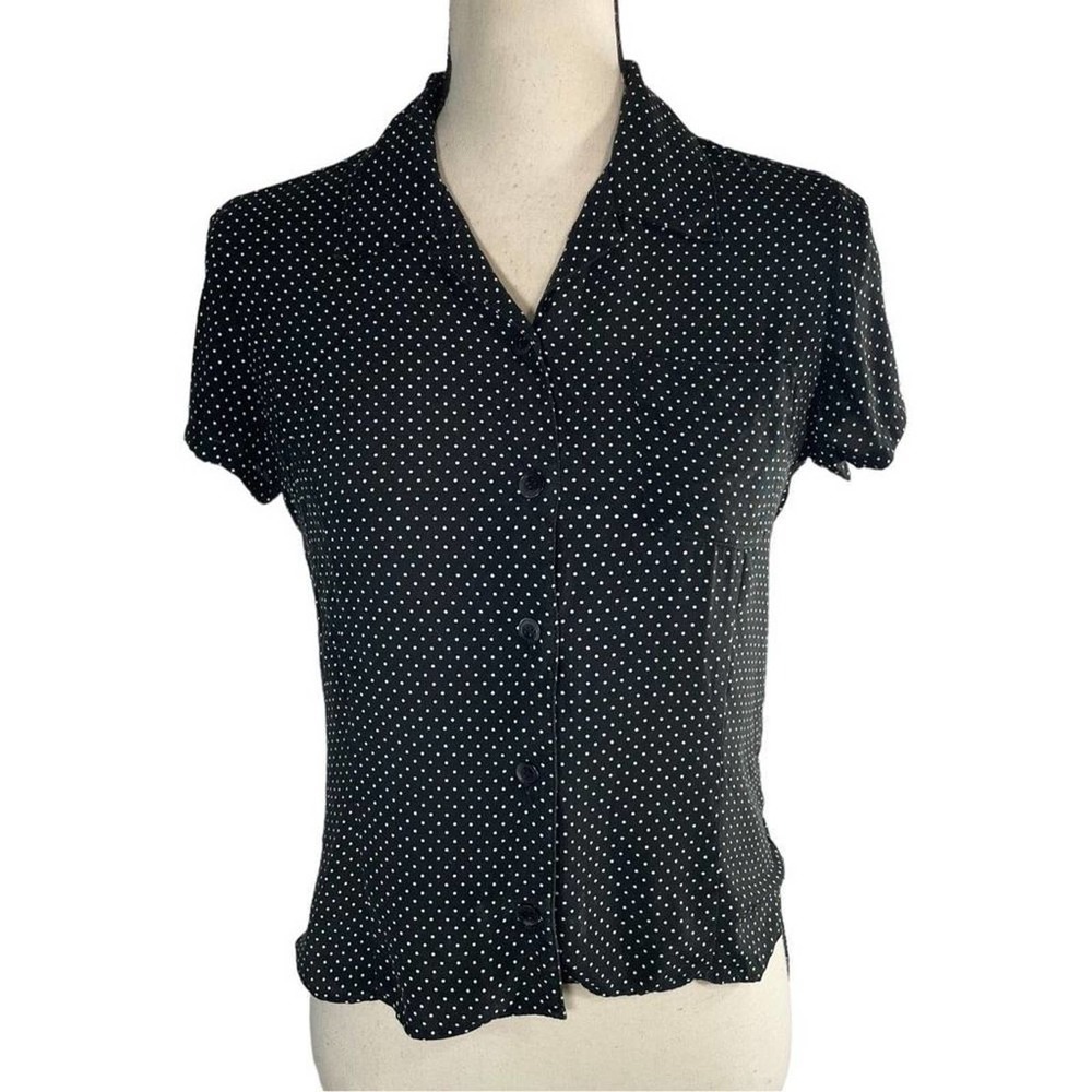 LIZ Claiborne Liz Sport Petite Women’s XS Black White Dot Button Down Blouse Top